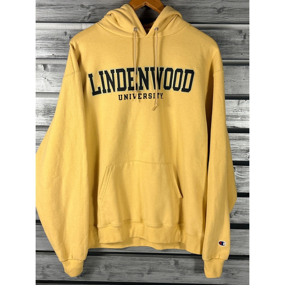 Champion Lindenwood University Hoodie Mens Large L Yellow Sweatshirt Pullover